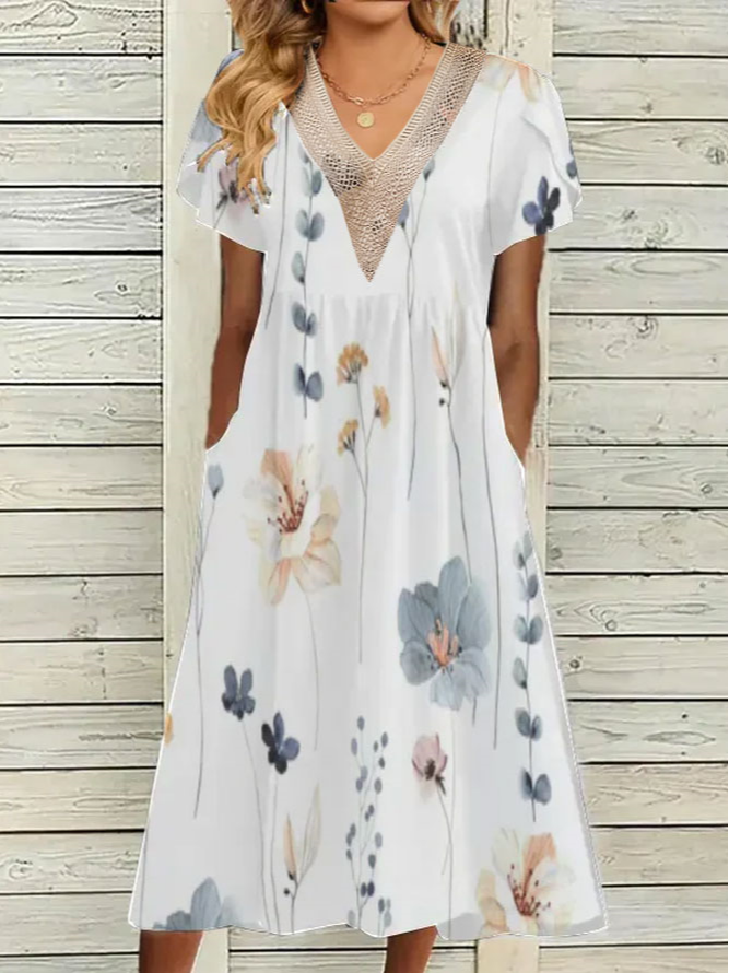 Floral V Neck Elegant Loose Dress