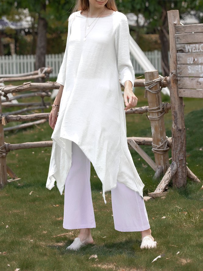 Women Summer Linen 3/4 Sleeve Daytime Crew Neck Asymmetric Dress