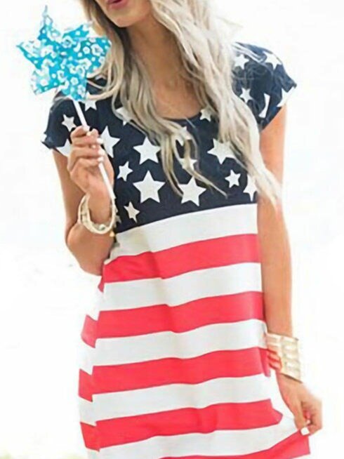 Flag Cotton-Blend Casual Short Sleeve Knitting Dress