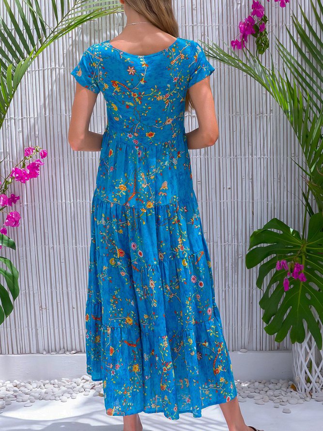 Blue Cotton-Blend Sleeveless Casual Weaving Dress