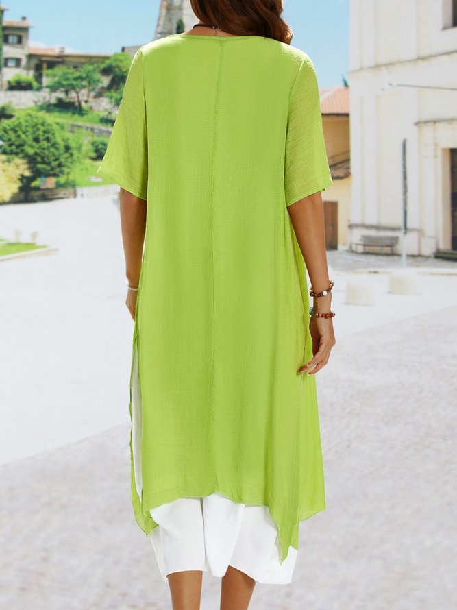 Two Piece Casual Round Neck Floral Print Linen Half Sleeve Solid Short sleeve Woven Dress