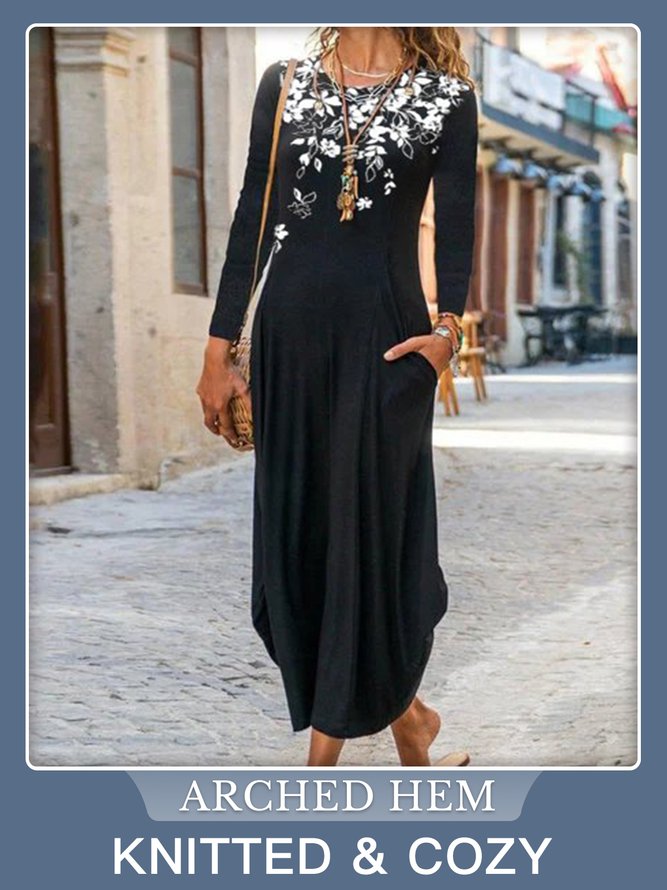 Shift Long Sleeve Crew Neck Floral Dress