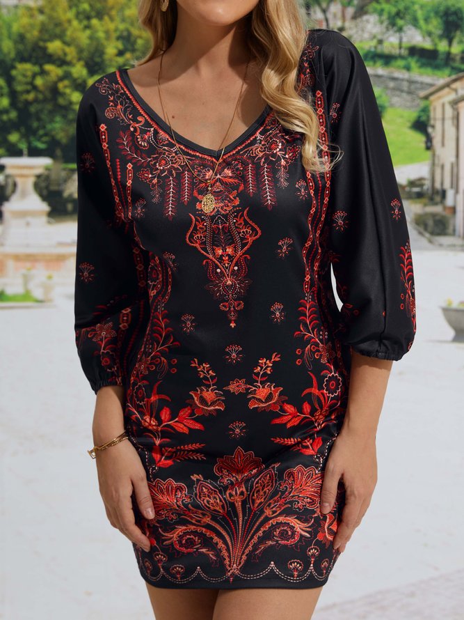 Casual Loose V Neck Ethnic Dress