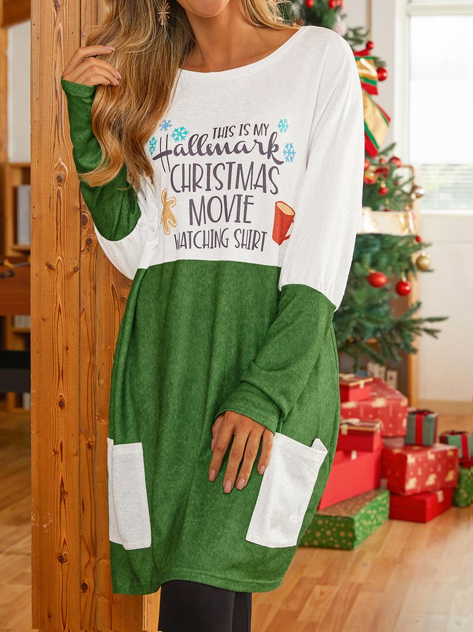 Women's Green Long Sleeve Dress Christmas Print With Pocket