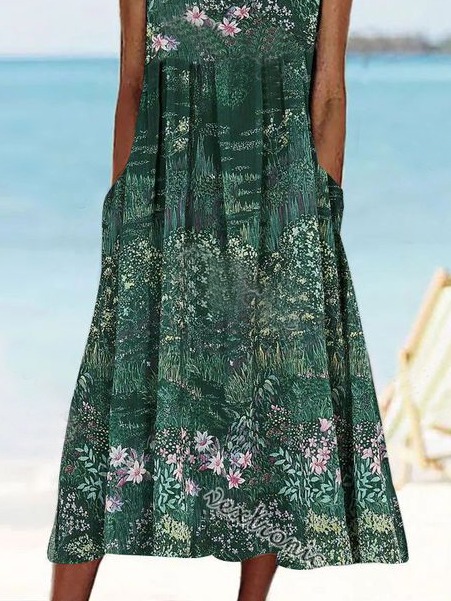 Vacation Floral Loose Crew Neck Dress