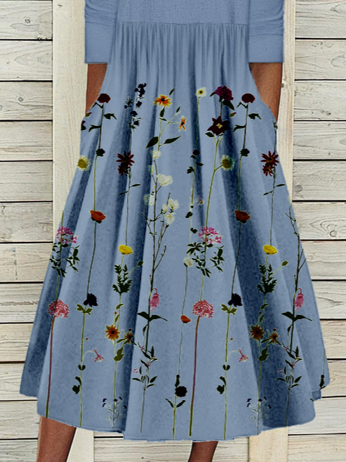 Round Neck Floral Casual Midi Dresses