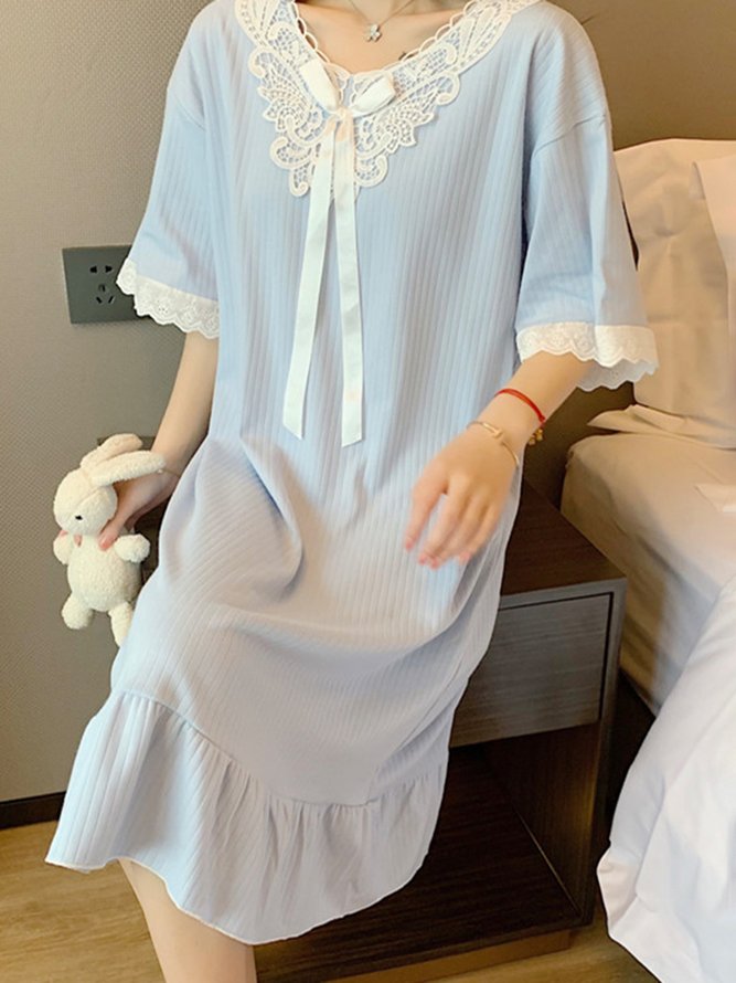Regular Sleeve Casual Lace V Neck Loose Lounge Dress