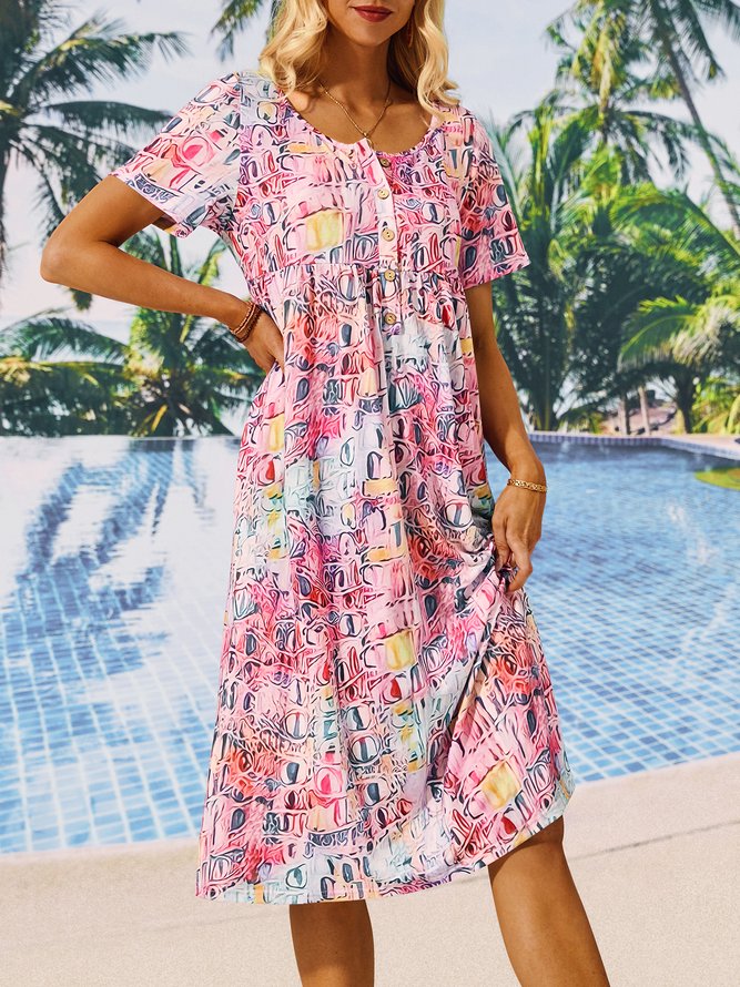 Casual Geometric Crew Neck Loose Dress