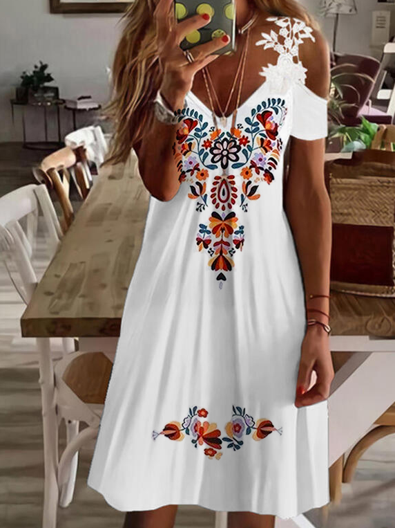 Cold Shoulders Floral Tribal Mexican Prom Dress