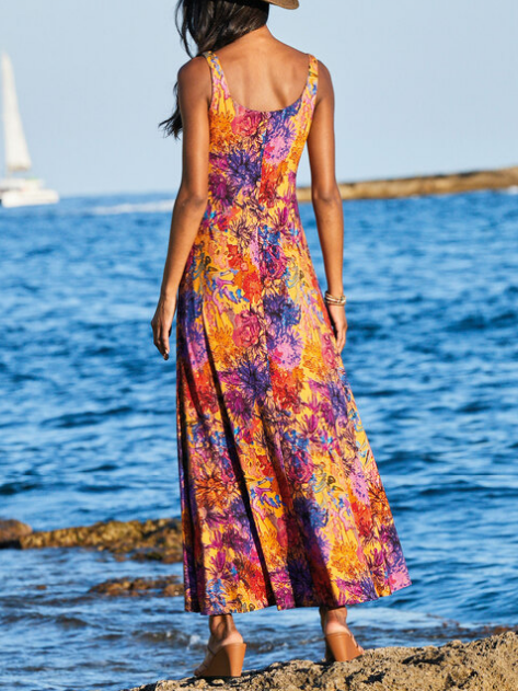 Crew Neck Vacation Loose Color Block Tank Dress