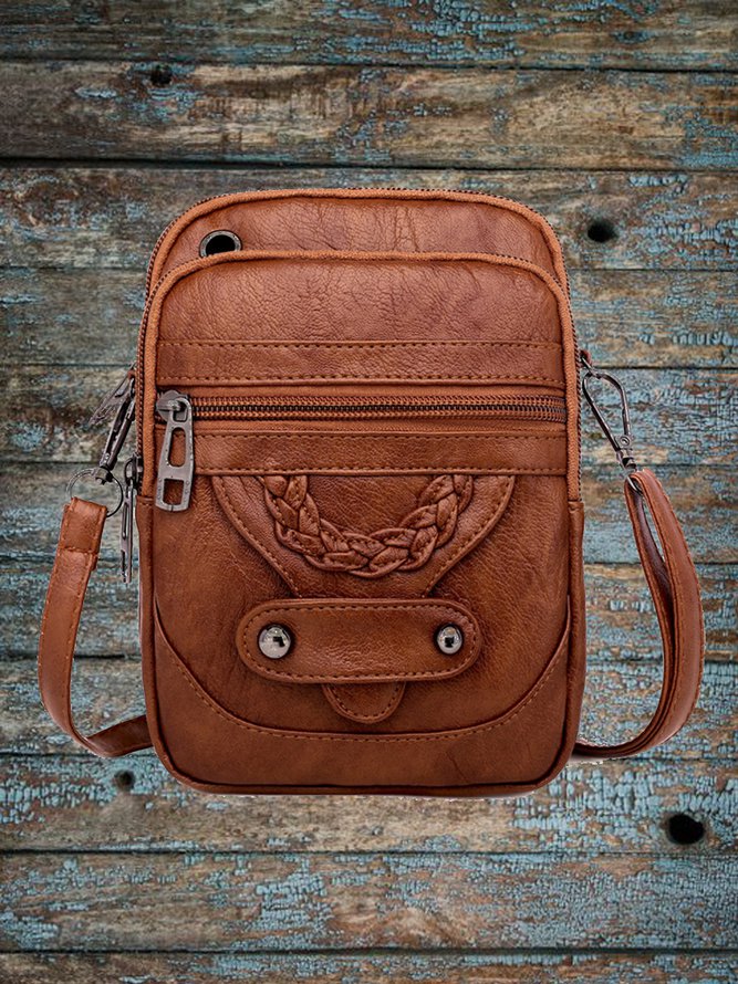 Antique Soft Leather Zip Multi Pocket One Shoulder Crossbody Bag