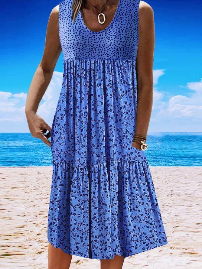 Ditsy Floral V Neck Casual Sleeveless Summer Beach Vacation Smock Dress