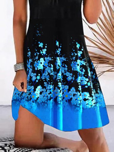 Floral Casual Loosen Crew Neck Sleeveless Knitting Dress