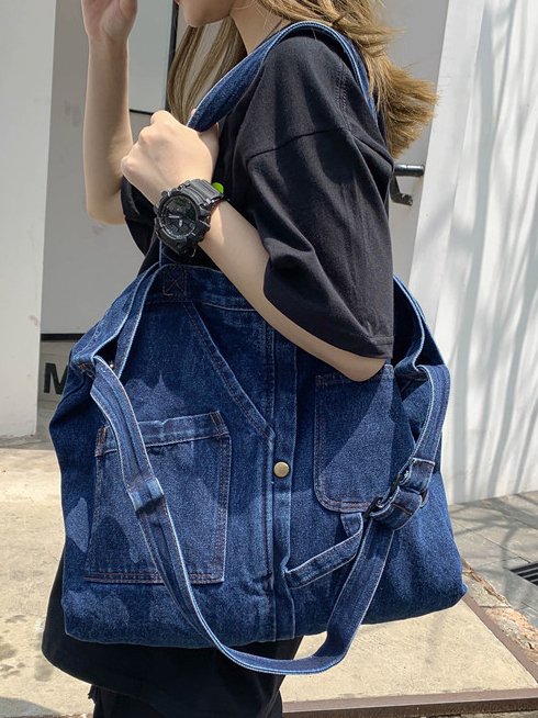 Casual Plain Denim Distressed Multi-Pocket Tote Shoulder Bag Everyday Urban