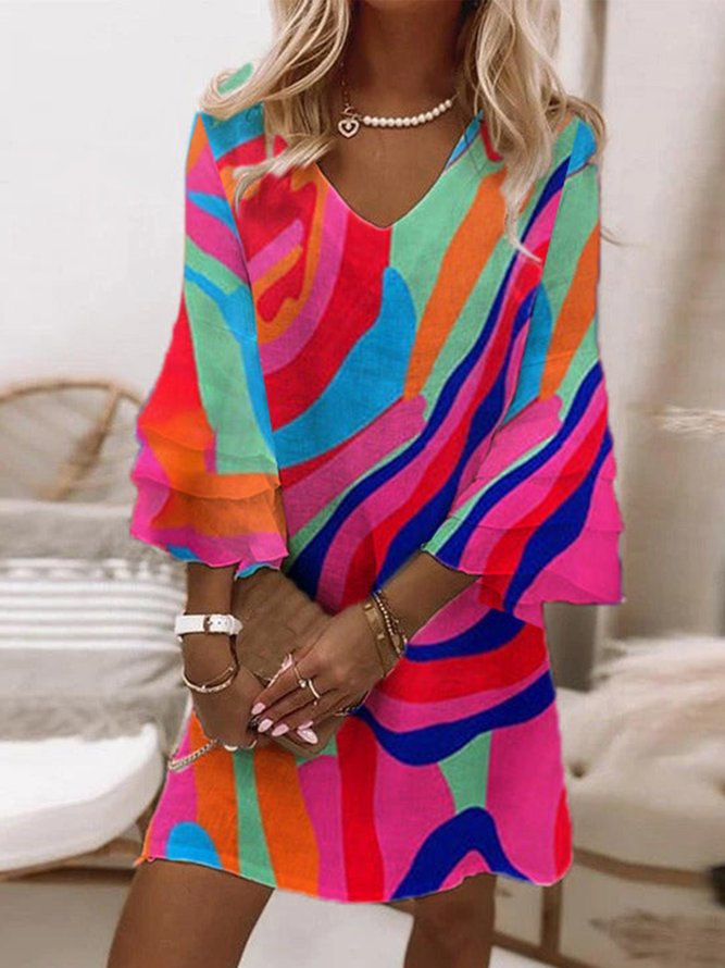 Casual Loose V Neck Color Block Dress