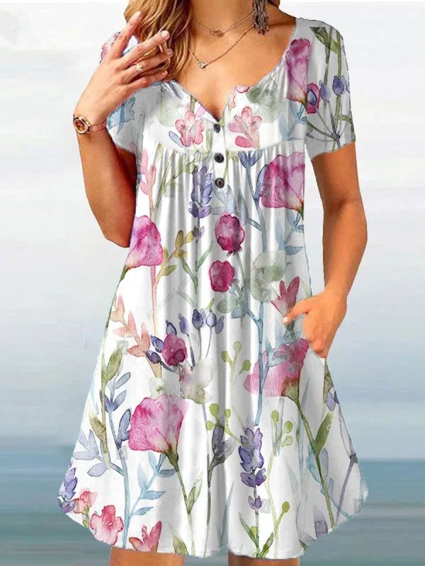 V Neck Regular Fit Short Sleeve Woven Dress