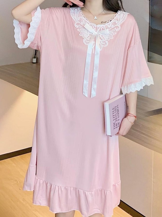 Regular Sleeve Casual Lace V Neck Loose Lounge Dress