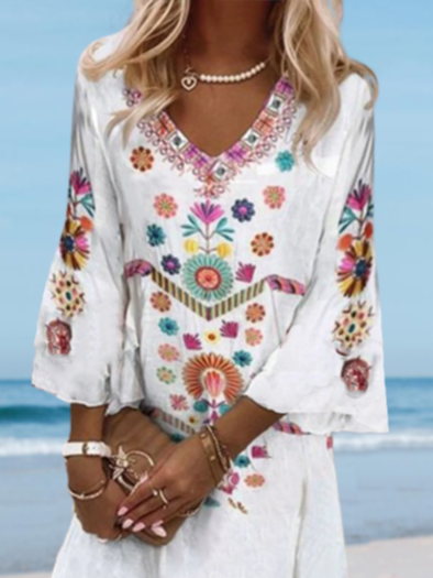 V Neck Tribal Beach Vacation Casual Mini Dress