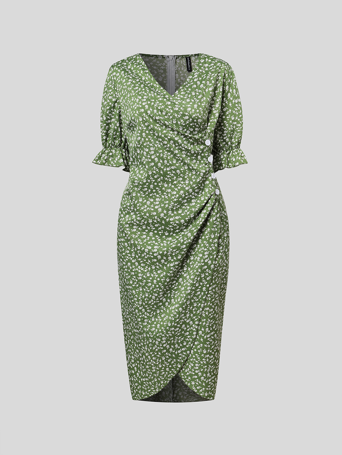 Ditsy Floral Ditsy Flounce Sleeve Wrap Hem Dress