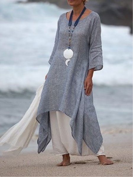Women Summer Linen 3/4 Sleeve Daytime Crew Neck Asymmetric Dress