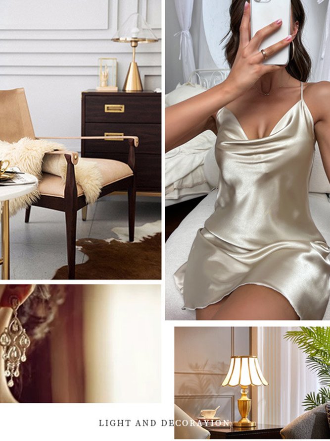 Plain V Neck Simple Satin Nightdress