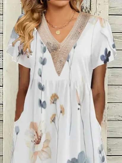 Floral V Neck Elegant Loose Dress