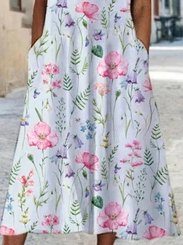 Round Neck Floral Casual Midi Dresses