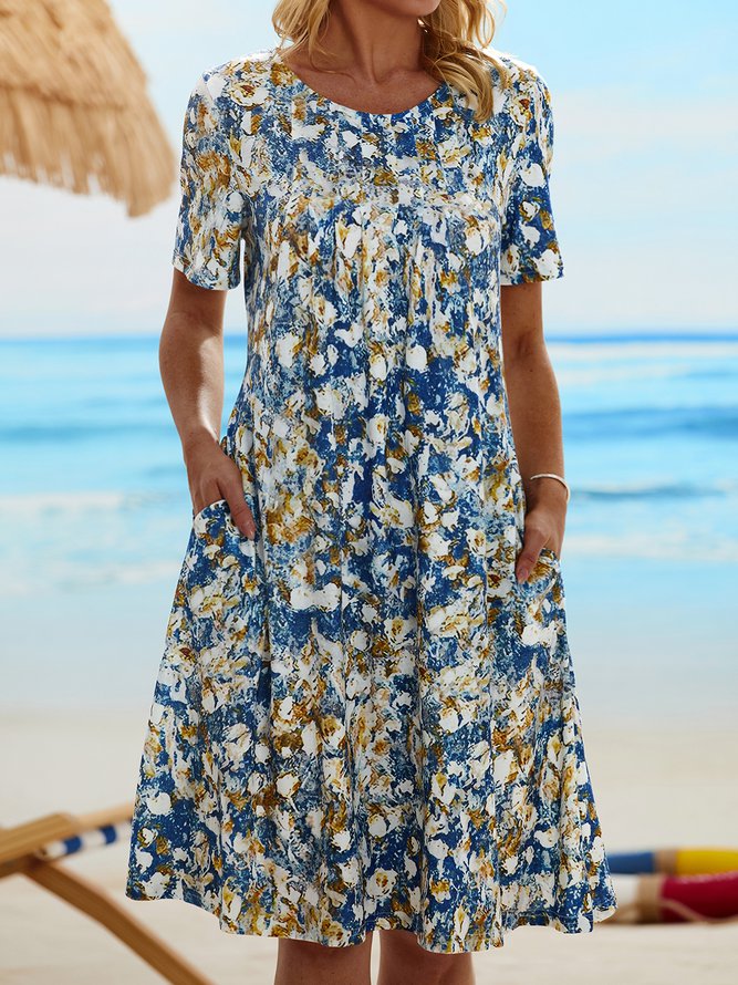 Round Neck Abstract Floral Casual Midi Dress