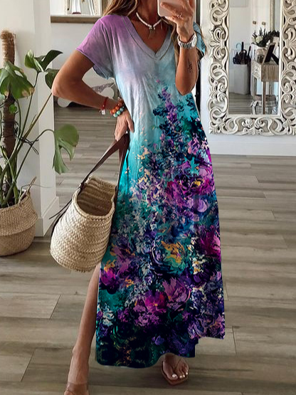 Vacation V Neck Floral Short Sleeve Knit Dress