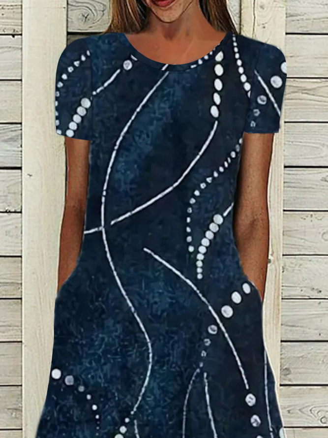 Round Neck Pockets Geometric Vacation Casual Midi Dress