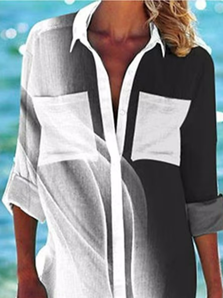 Shirt Collar Ombre Pockets Linen Shirt Dress