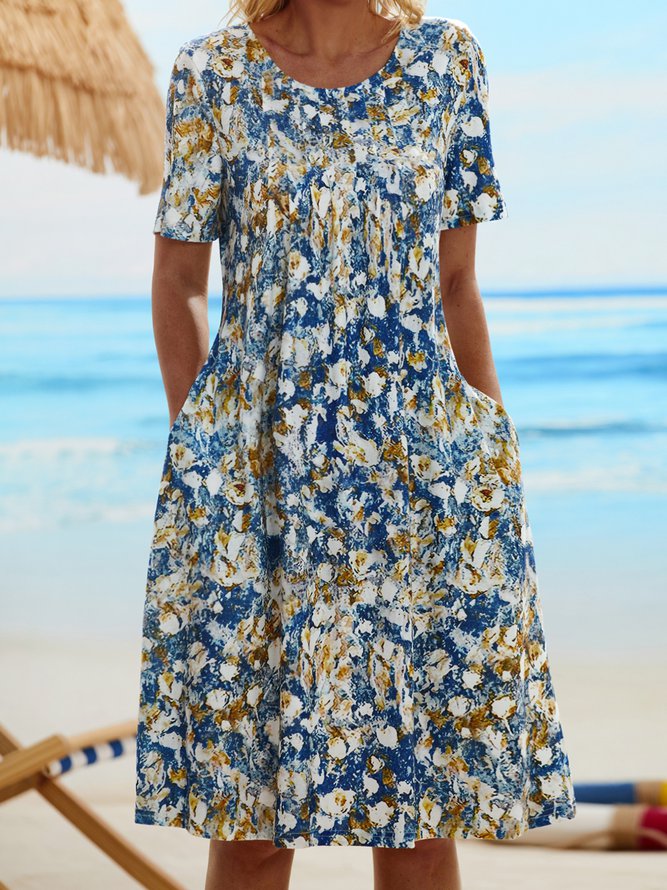 Round Neck Abstract Floral Casual Midi Dress