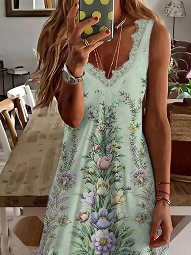 V Neck Floral Vacation Midi Prom Dress