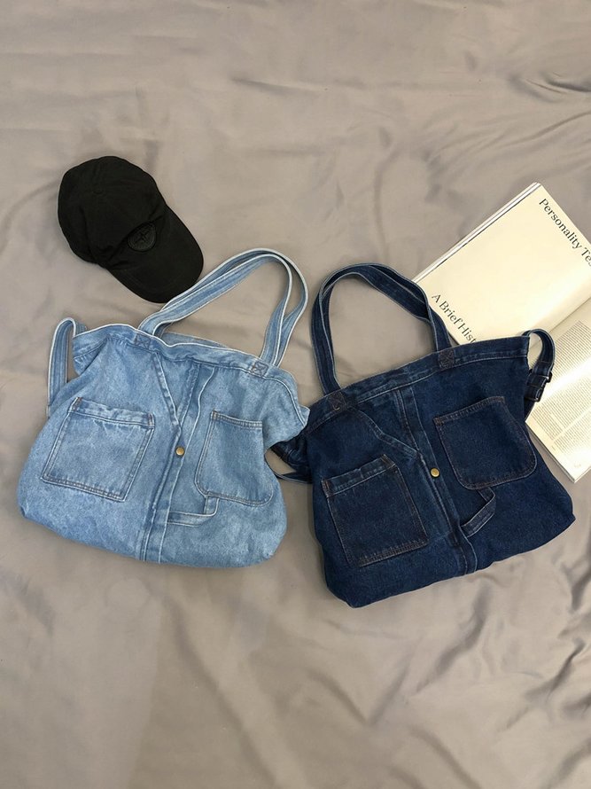 Casual Plain Denim Distressed Multi-Pocket Tote Shoulder Bag Everyday Urban