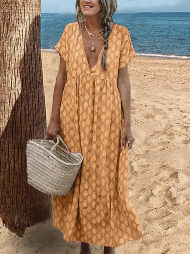 Printed V Neck Shift Casual Floral Maxi Weaving Dress