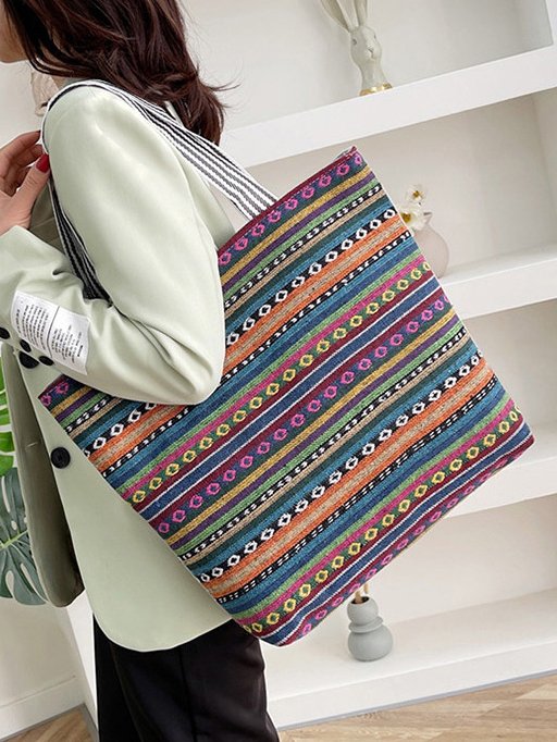 Ethnic Striped Printing Nylon Women's Shoulder Tote Bag