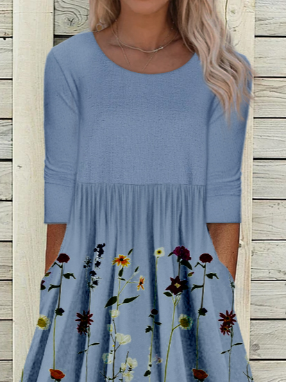 Round Neck Floral Casual Midi Dresses