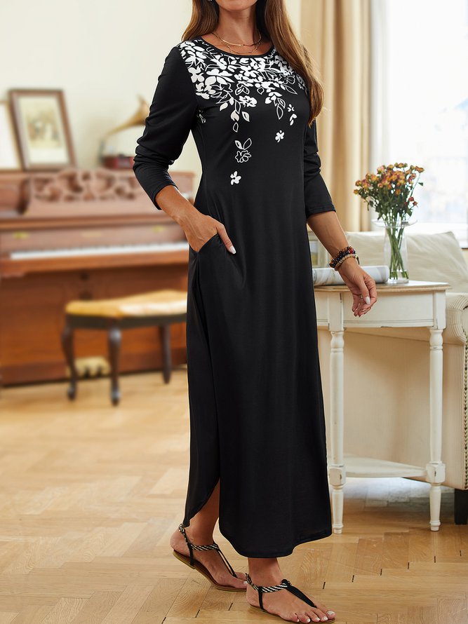 Shift Long Sleeve Crew Neck Floral Knitting Dress