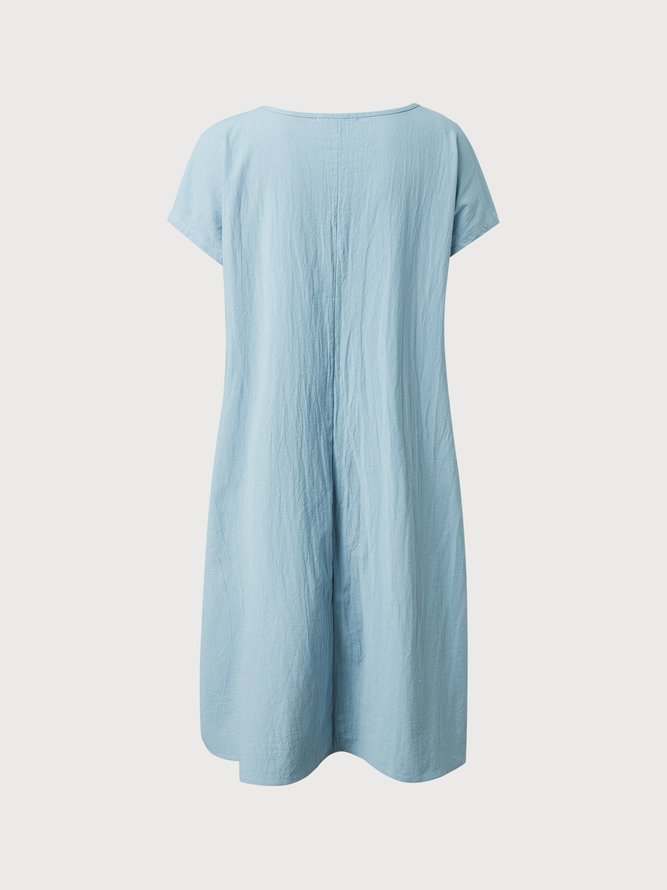 Crew Neck Linen Floral Casual Sunflower Pockets Short Sleeve Dress