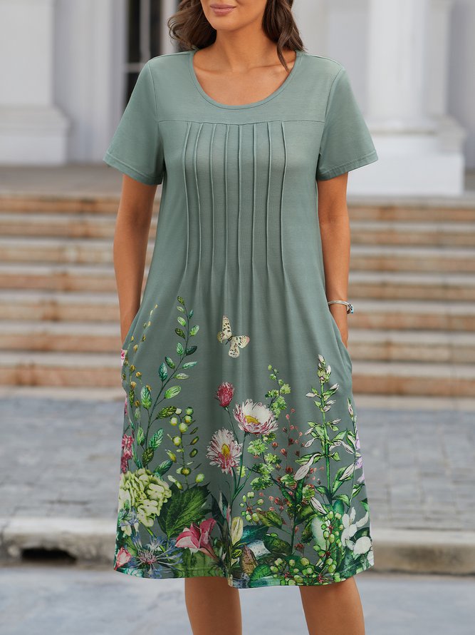 Crew Neck Floral Casual Midi Dress