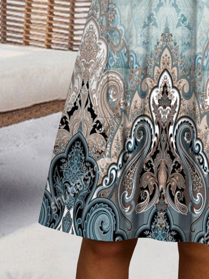 Gradient Square Scarf Flower V-Neck Dress