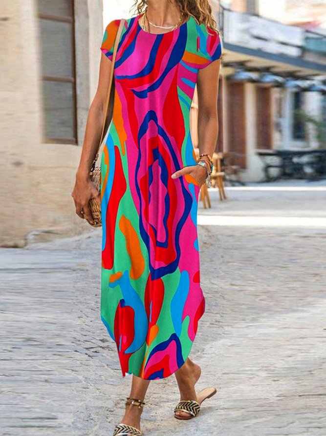 Loose Abstract Graphic Crew Neck Casual Dress