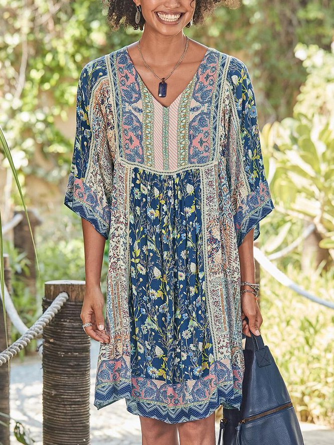 Half Sleeve Casual Cotton-Blend V Neck Weaving Dress