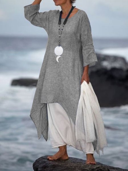 Women Summer Linen 3/4 Sleeve Daytime Crew Neck Asymmetric Dress