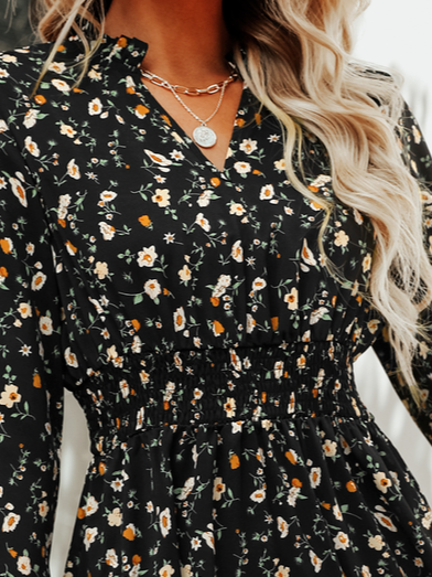 Ditsy Floral Casual Stand Collar Loose Dress