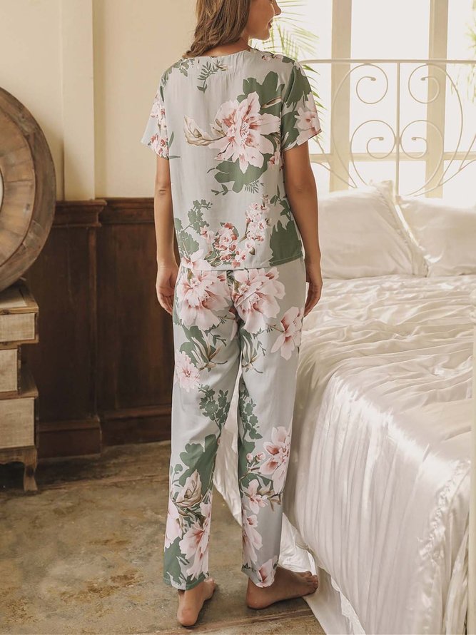Loose V Neck Floral Rayon Elegant Pajama Set