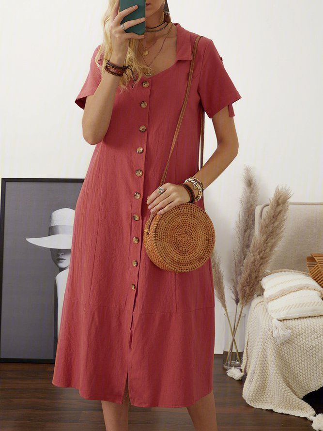 Linen Summer Buttoned Solid Maxi Shirt Dress