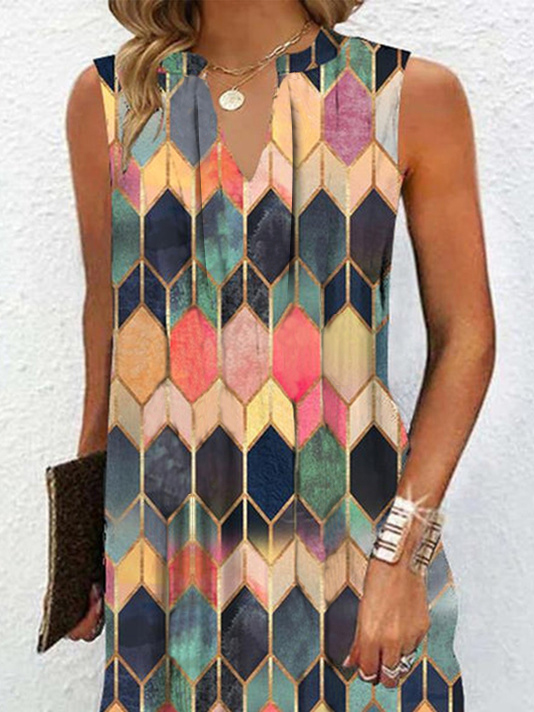 Casual Regular Fit V Neck Geometric Dress