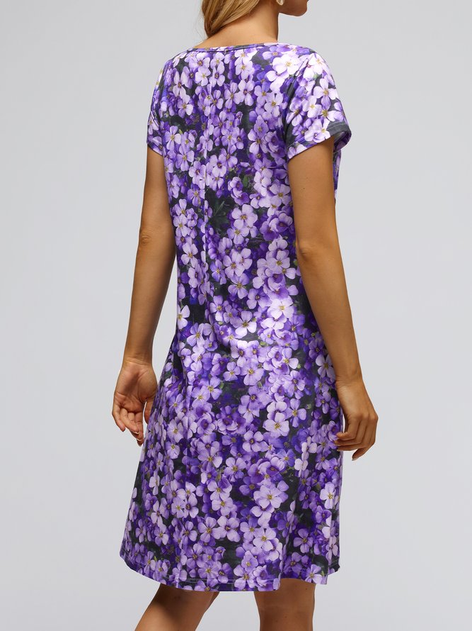 Ditsy Floral Jersey V Neck Casual Dress