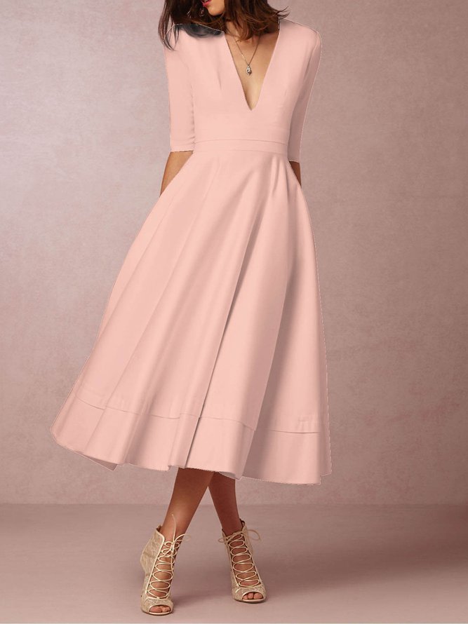 Women Deep V Neck 3/4 Sleeve Paneled Solid Elegant Swing Prom Dress